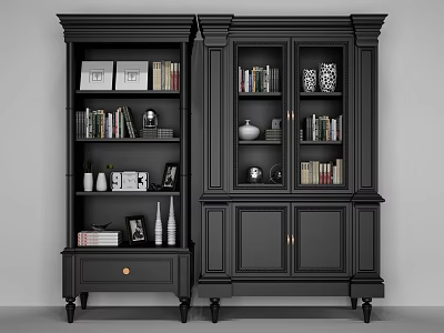 Black Wooden Bookcase With Multiple Open Shelves Cabinet Doors And Decorative Vases Photo Frames 3d model