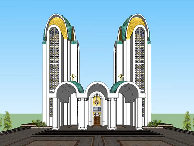 Ancient Architecture Featuring Symmetrical Towers Green Roofs Golden Decorations And Arched Entrance 3d model