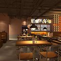 Industrial Style Restaurant Interior With Exposed Brick Wall Large Windows And Hanging Lights