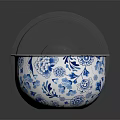 Ceramic Bowl with Blue and White Floral Pattern and Gray Lid on Black Shiny Surface