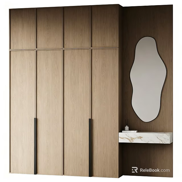 Minimalist Modern Wood Grain Entry Cabinet Side Cabinet With Irregular Art Mirror And Marble Shelf 3d model 
