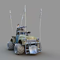 Rusty Utility Vehicle With Large Multi Barrel Cannon And Woman Standing On Top