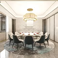 Elegant Private Dining Room Interior With Round Table Gray Chairs Chandelier And Patterned Rug 3d model