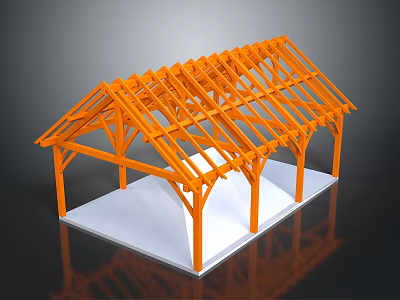 Orange Wooden Roof Truss Structure with Supporting Columns on White Platform Display Model 3d model