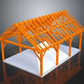 Orange Wooden Roof Truss Structure with Supporting Columns on White Platform Display Model
