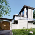 Modern Single Family House Exterior With Large Glass Windows Balcony And Greenery Lawn