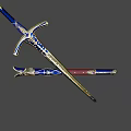 Blue Blade Sword With Gold Decorations And Red Hilt On Purple Background