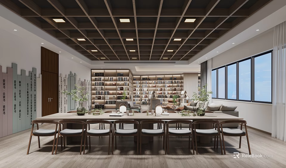 Book Art Themed Interior With Bookshelves And Long Table 3d model
