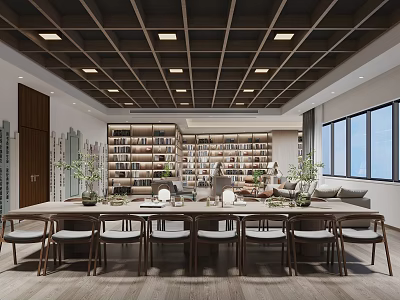Book Art Themed Interior With Bookshelves And Long Table 3d model