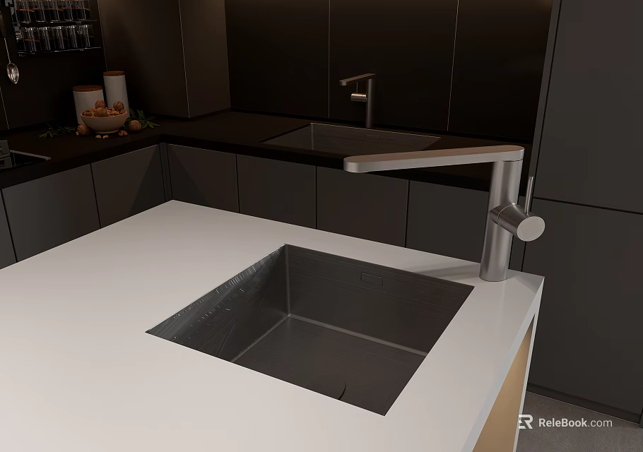 Modern Sleek Kitchen Faucet On White Countertop With Stainless Steel Sink 3d model 