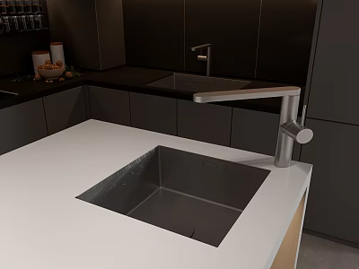 Modern Sleek Kitchen Faucet On White Countertop With Stainless Steel Sink 3d model