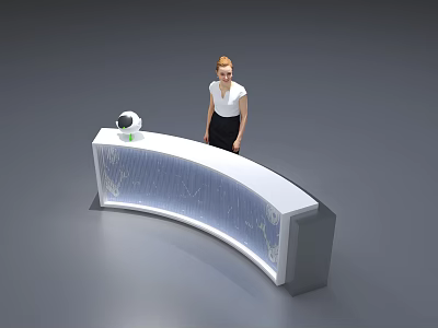 Modern Curved Reception Desk With Illuminated Surface And Staff Standing Nearby 3d model