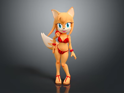 Animated Game Female Fox Character with Yellow Fur Blue Eyes Red Bikini and Long Tail 3d model