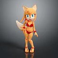 Animated Game Female Fox Character with Yellow Fur Blue Eyes Red Bikini and Long Tail