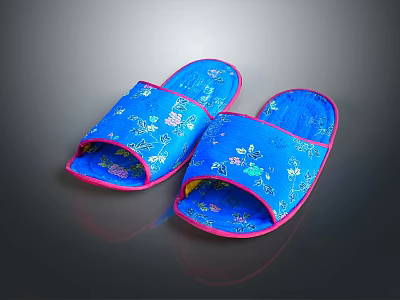 Blue Slippers With Floral And Butterfly Patterns On Soft Fabric And Pink Trimmed Edges 3d model
