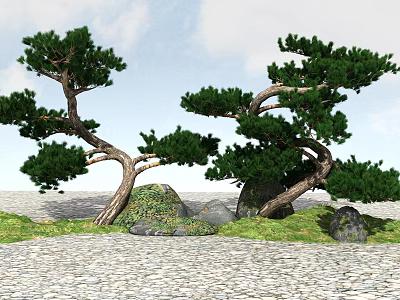 Curved Trunk Trees With Lush Foliage Stones Grass Cobblestone Ground Under Blue Sky White Clouds 3d model