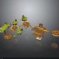 Wooden Platform Scene Components With Green Plants And Small Houses
