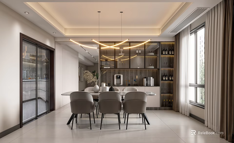 Modern Dining Living Room Interior With Pendant Lights Dining Table Chairs And Wine Cabinet 3d model 