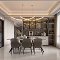 Modern Dining Living Room Interior With Pendant Lights Dining Table Chairs And Wine Cabinet