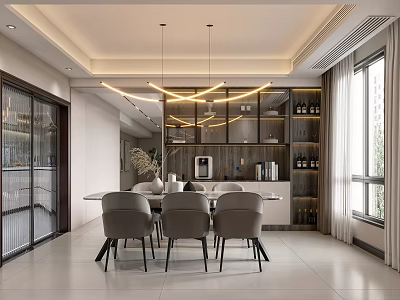 Modern Dining Living Room Interior With Pendant Lights Dining Table Chairs And Wine Cabinet 3d model
