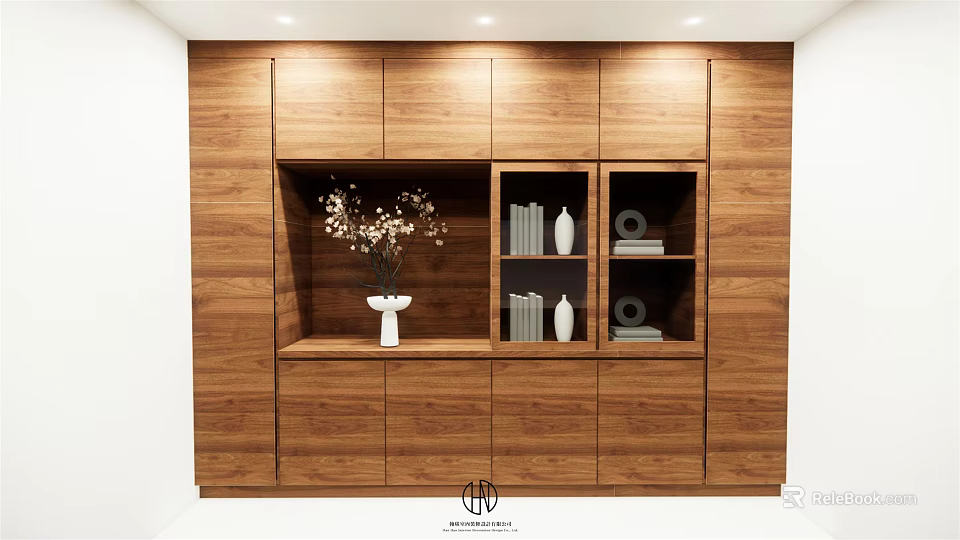 Modern Wooden Bookcase With Multiple Compartments Books Vase And Decorative Items 3d model 
