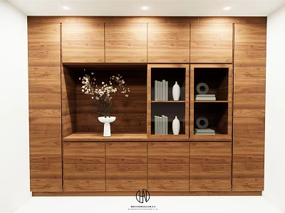 Modern Wooden Bookcase With Multiple Compartments Books Vase And Decorative Items 3d model