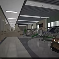 Hospital Rehabilitation Corridor With Medical Equipment Treatment Beds And Green Plants