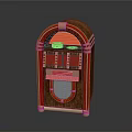 Vintage Wooden Jukebox With Red And Gold Accents Retro Style Grille Design