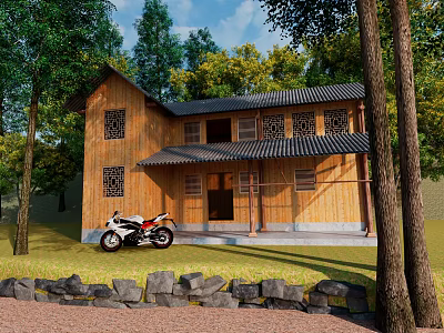 Traditional Rustic Wooden House Exterior With Trees Motorcycle And Stone Decor 3d model