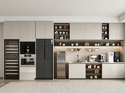 Modern Pantry Interior With Cabinets Shelves Coffee Maker Oven And Appliances 3d model