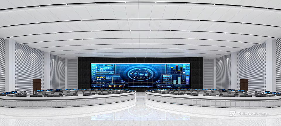 Modern Control Room With Large Display Screens Data Charts And Neatly Arranged Consoles 3d model 