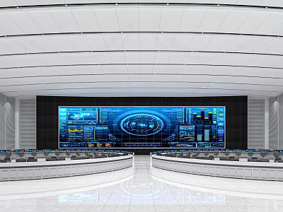 Modern Control Room With Large Display Screens Data Charts And Neatly Arranged Consoles 3d model