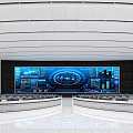 Modern Control Room With Large Display Screens Data Charts And Neatly Arranged Consoles