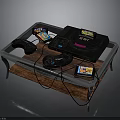 Vintage Gaming Console With Dual Controllers And Game Cartridges On Table 3d model