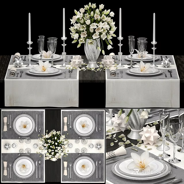 Elegant Silver Dinnerware Set For Table Setting With White Flowers Candles And Glassware 3d model 