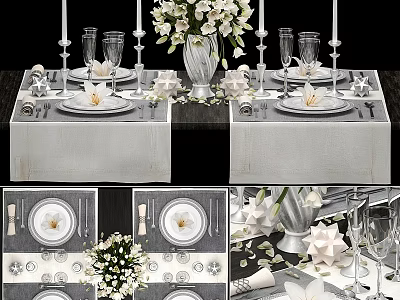 Elegant Silver Dinnerware Set For Table Setting With White Flowers Candles And Glassware 3d model