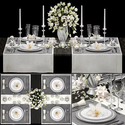 Elegant Silver Dinnerware Set For Table Setting With White Flowers Candles And Glassware 3d model