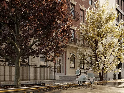 Detached Villa with Red Brick Walls Autumn Trees Black Iron Fence Vintage Scooter on Street 3d model