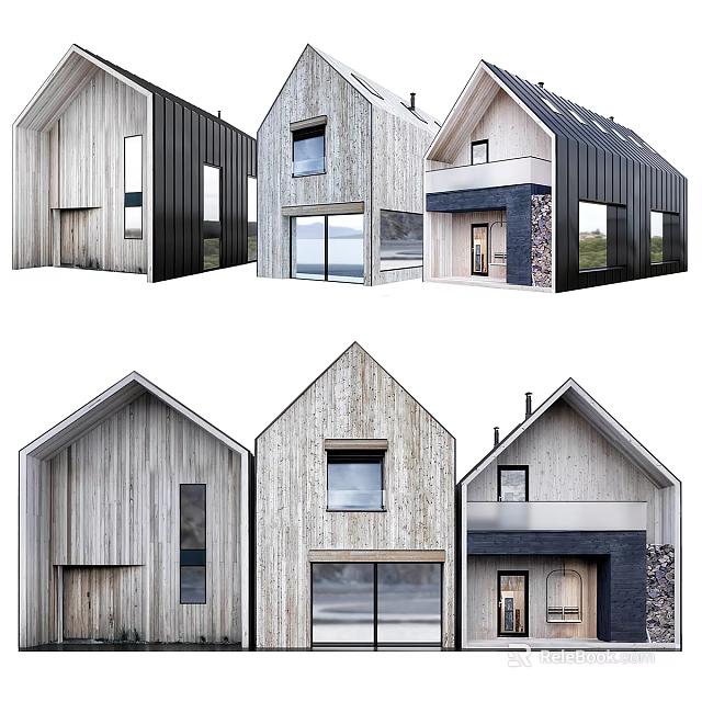 Modern Wooden House Exterior Design With Sloped Roof Glass Windows And Black Accents 3d model 