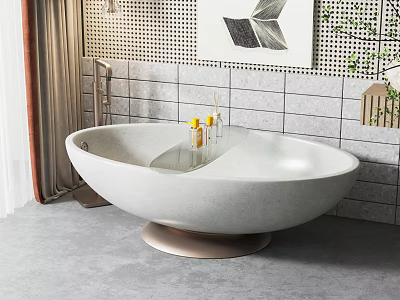 Oval Freestanding Stone Bathtub With Gray Tile Wall Decorative Bottles and Plants 3d model