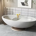 Oval Freestanding Stone Bathtub With Gray Tile Wall Decorative Bottles and Plants