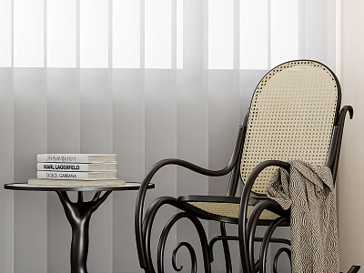 Stylish Leisure Chair Featuring Rattan Seat Metal Frame And Side Table With Books 3d model