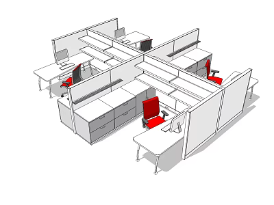 Modern Office Workspace With Partitioned Desks Red Chairs And Computers 3d model