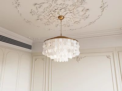 Elegant Brass Chandelier With White Shell Shades On Ornate Ceiling And Paneled Walls 3d model