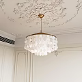 Elegant Brass Chandelier With White Shell Shades On Ornate Ceiling And Paneled Walls