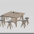 Wooden Square Table With Central Recessed Area And Four Grey Padded Stools Set 3d model
