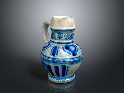 Blue And White Ceramic Jug With Decorative Patterns Handle And Base 3d model