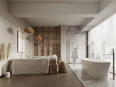 Luxury SPA Relaxation Room With Massage Bed Wooden Shelves Bathtub Shower And Pampas Grass 3d model