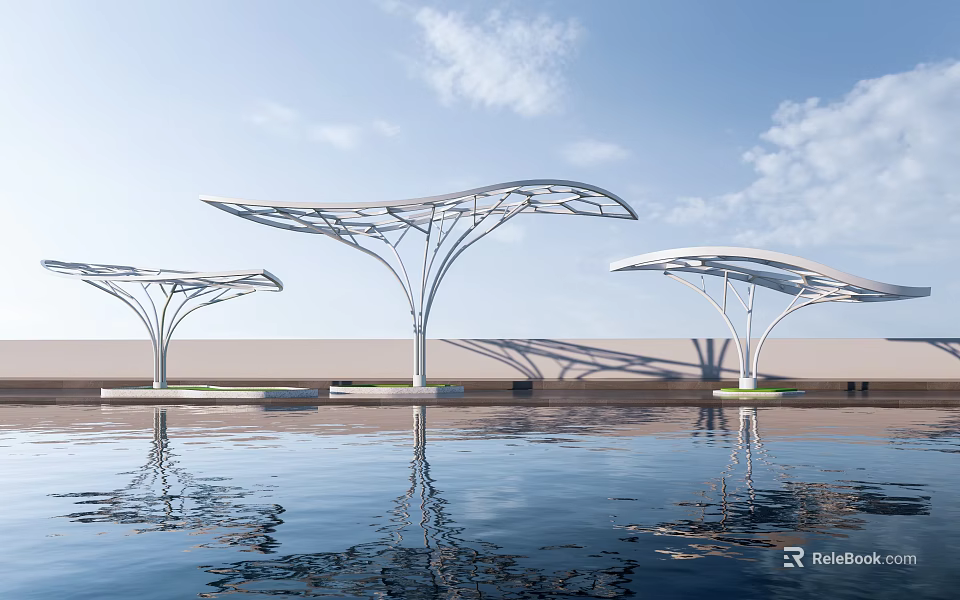Modern White Tree Like Canopy Structures Over Water With Sky Reflections 3d model