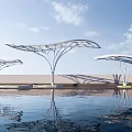 Modern White Tree Like Canopy Structures Over Water With Sky Reflections 3d model